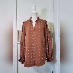 Grace Karin Button Down Dot Shirt Brown Tan Size Large